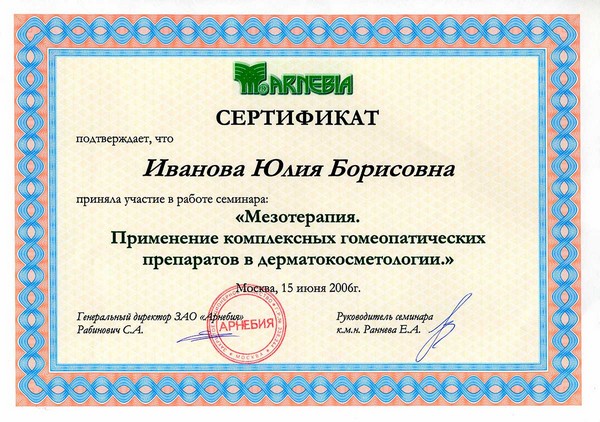 Сертификат Мезотерапия